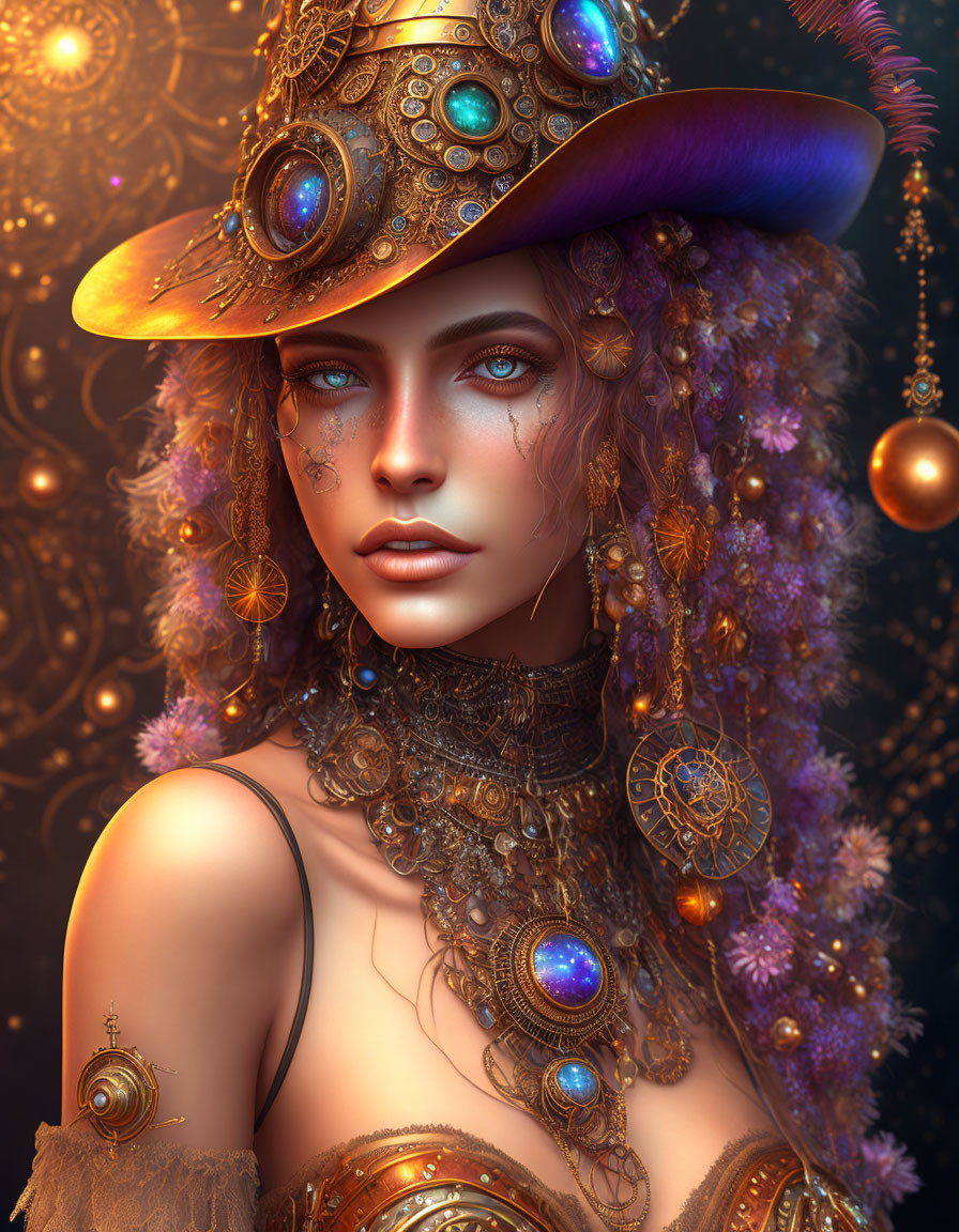 Colorful digital artwork of a woman in ornate hat and jewelry on warm bokeh background