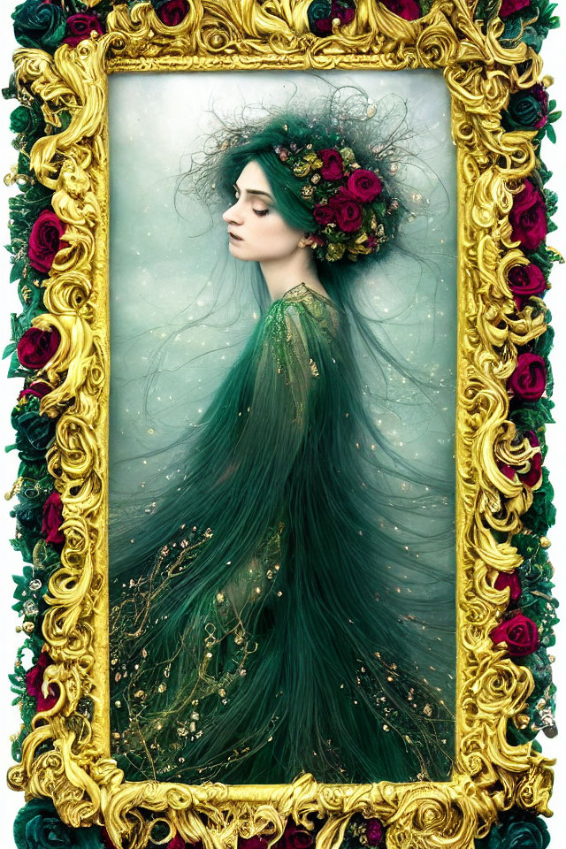 Woman with floral crown and green gown in ornate golden frame