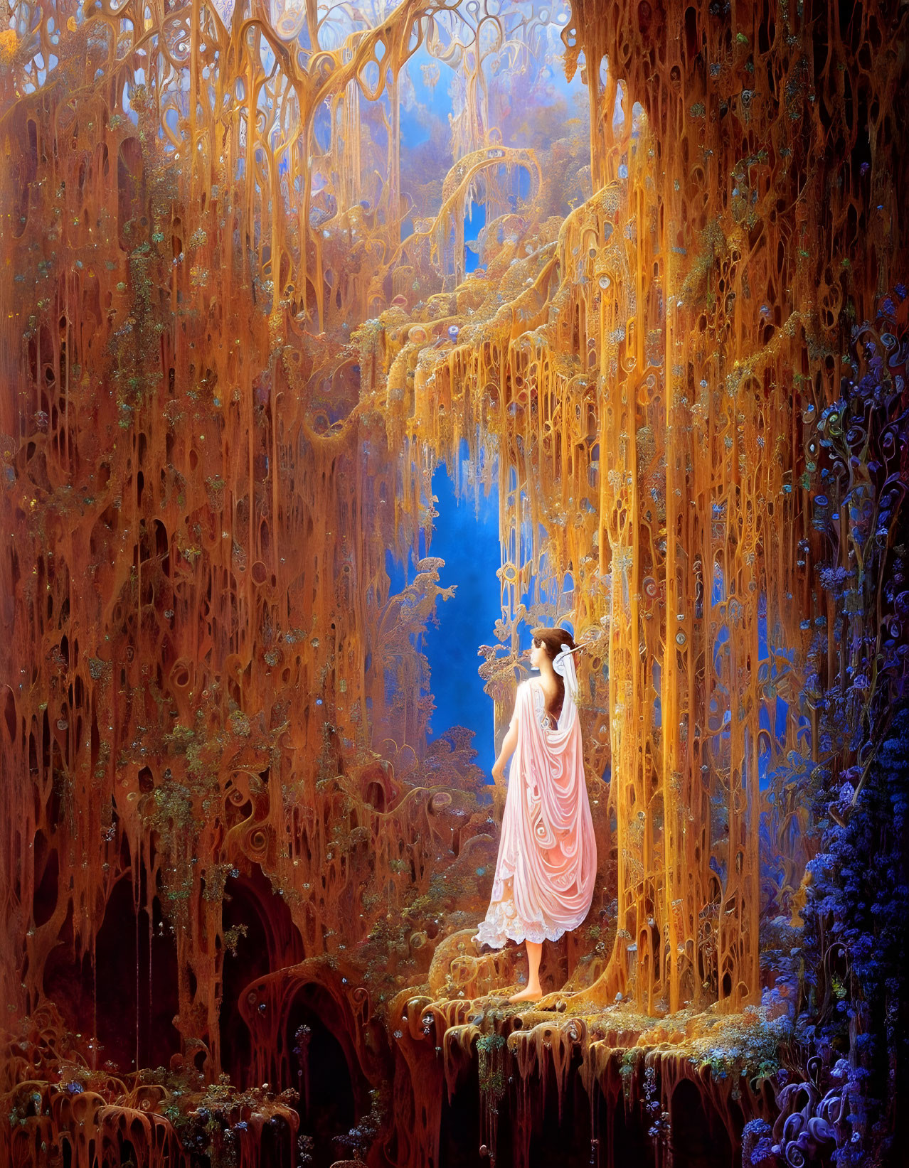 Person in Pink Dress in Fantastical Forest with Golden Trees