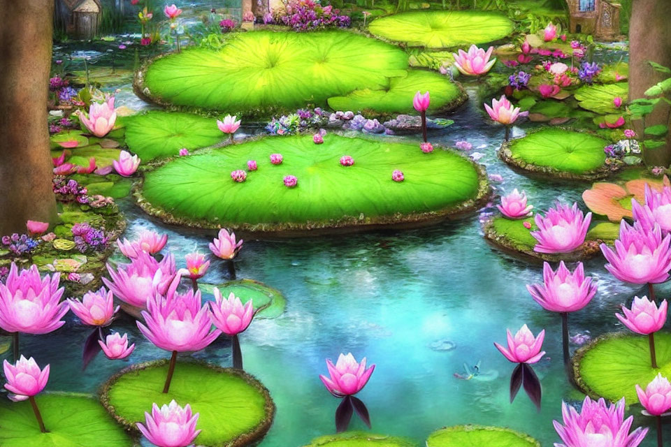 Tranquil fantasy pond with green lily pads and pink lotus flowers