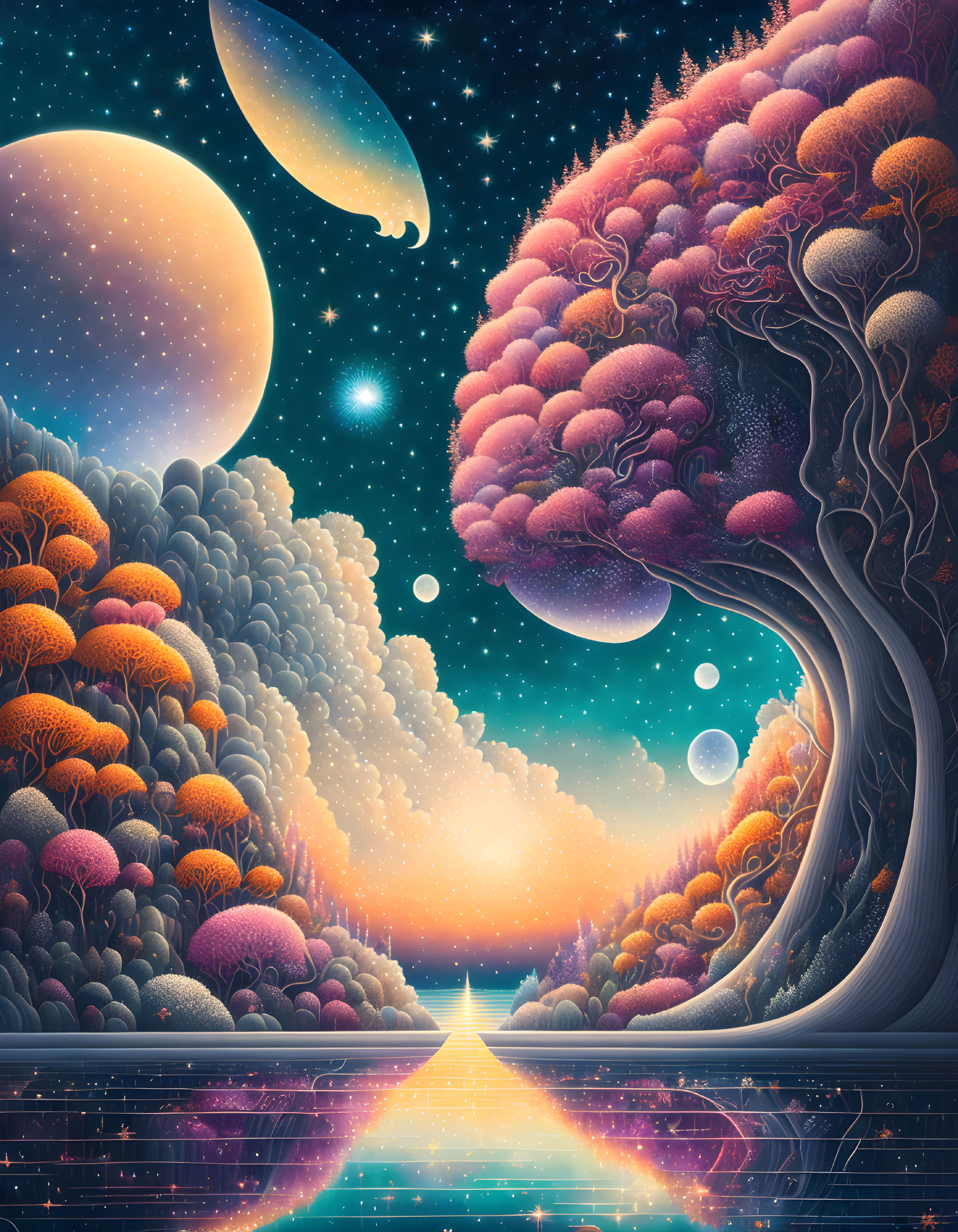 Vibrant trees, starry sky, reflective path in surreal landscape