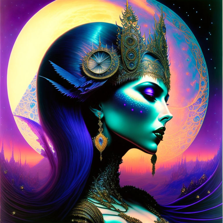 Vibrant digital art: Woman with blue skin and gold jewelry on cosmic background