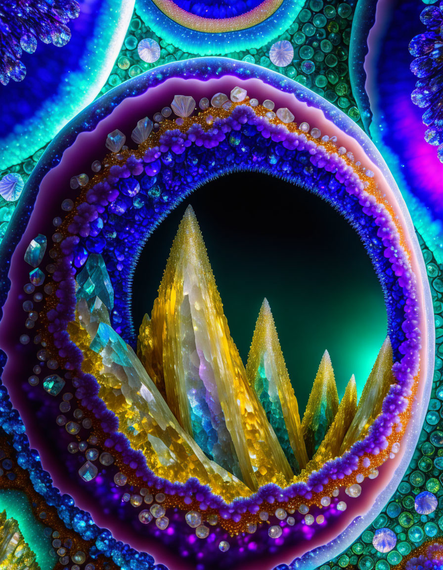 Purple Geode Digital Artwork: Blue and Gold Crystal Encrusted Landscape