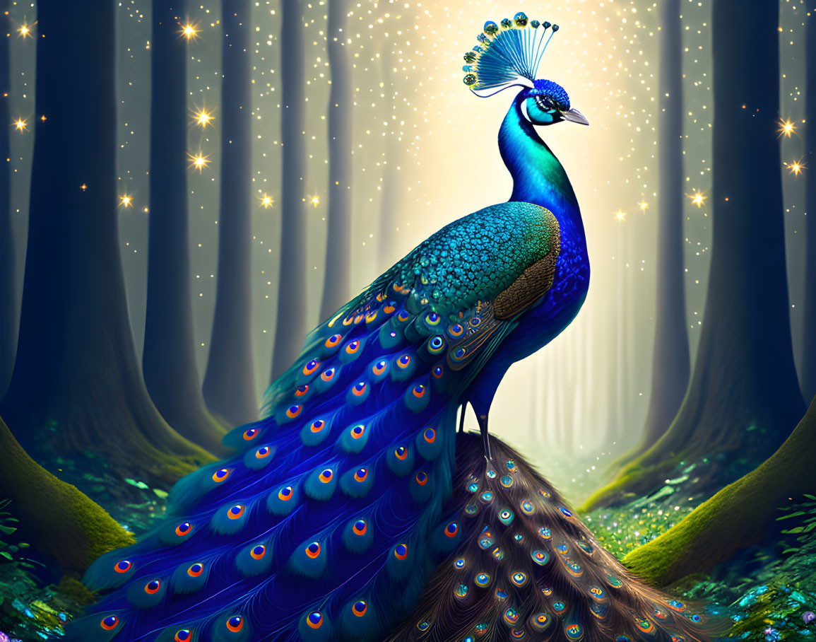 Colorful peacock with iridescent plumage in mystical forest scene