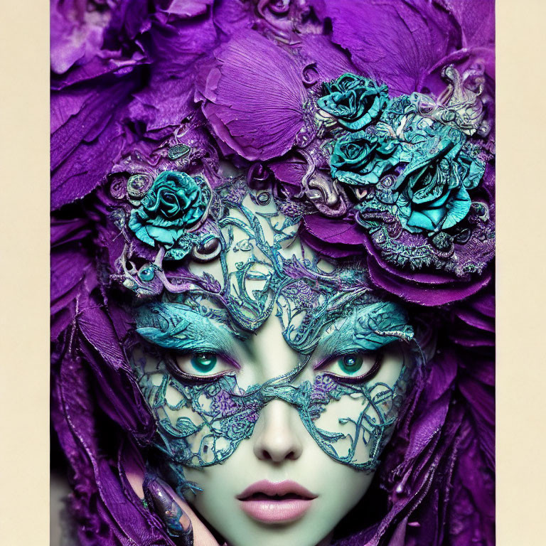 Green-eyed person in purple floral headdress and lace mask on lavender background