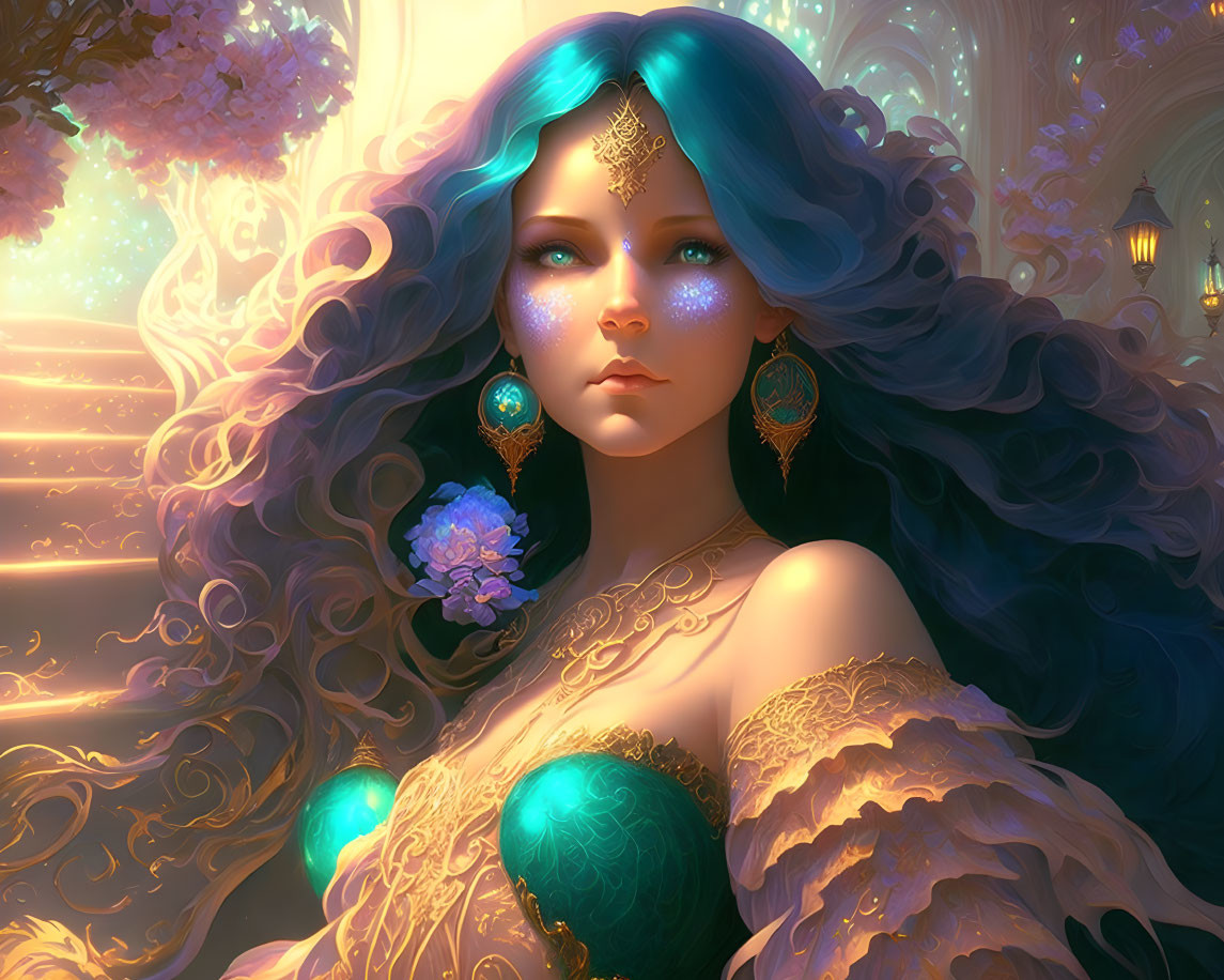 Fantasy illustration of woman with blue hair and glowing eyes in magical setting