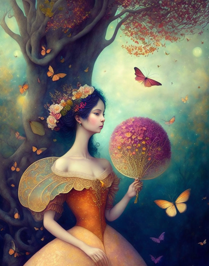 Illustration of woman with floral hair and balloon in magical setting