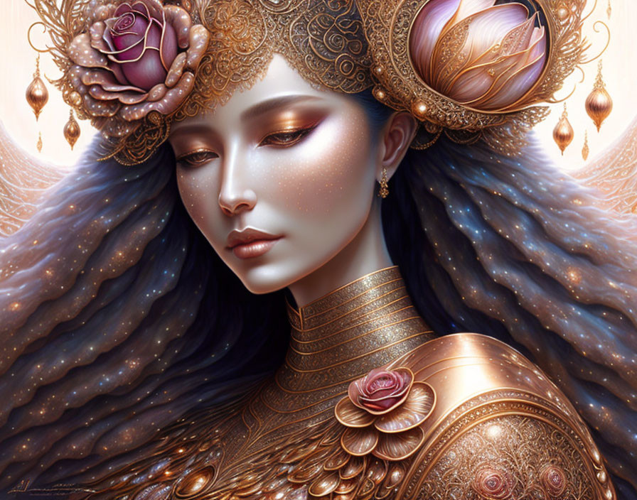 Detailed illustration of woman with ornate gold headdress and armor, roses and flowing hair.