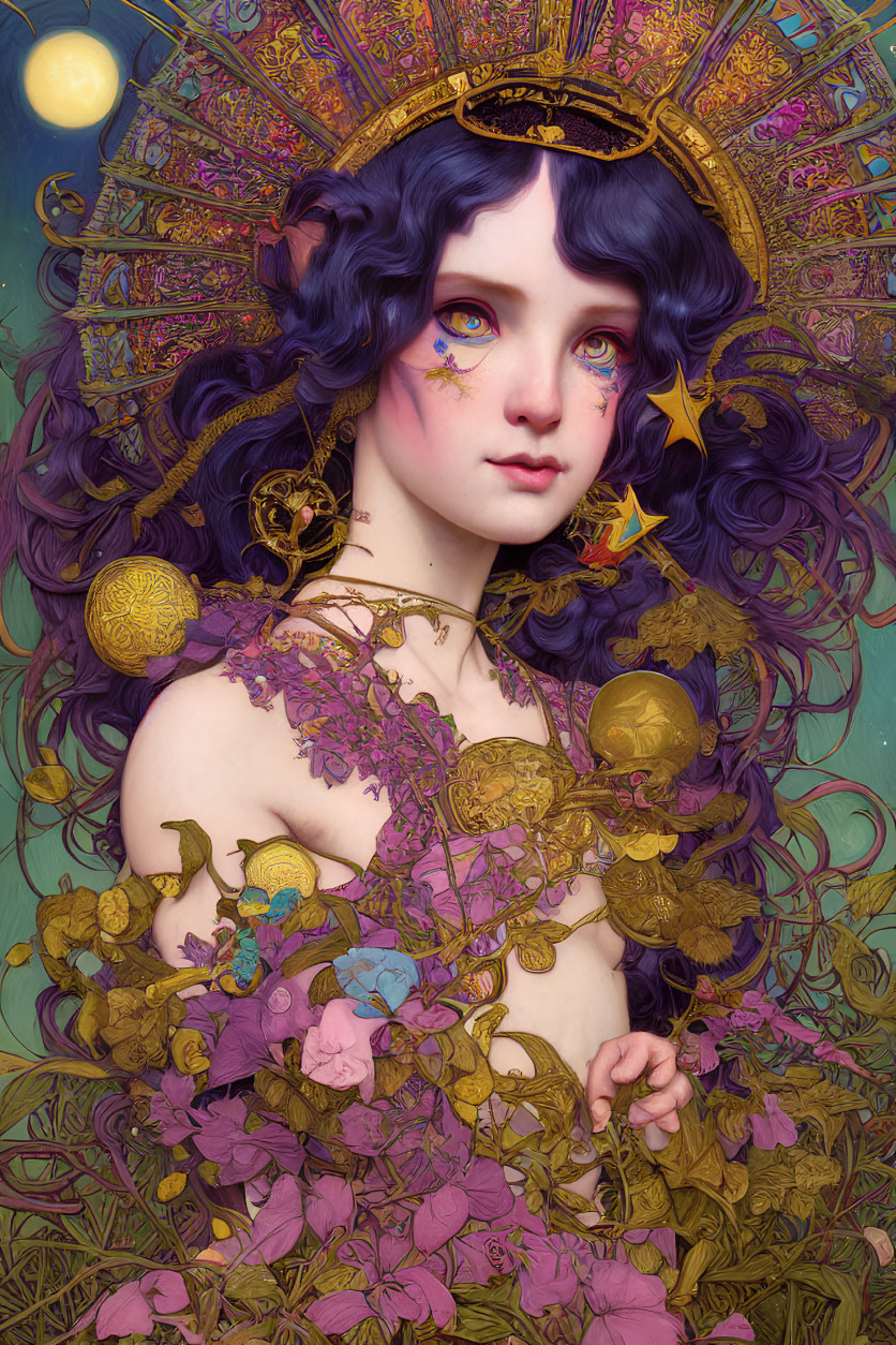 Surreal portrait of a girl with purple hair and celestial accessories