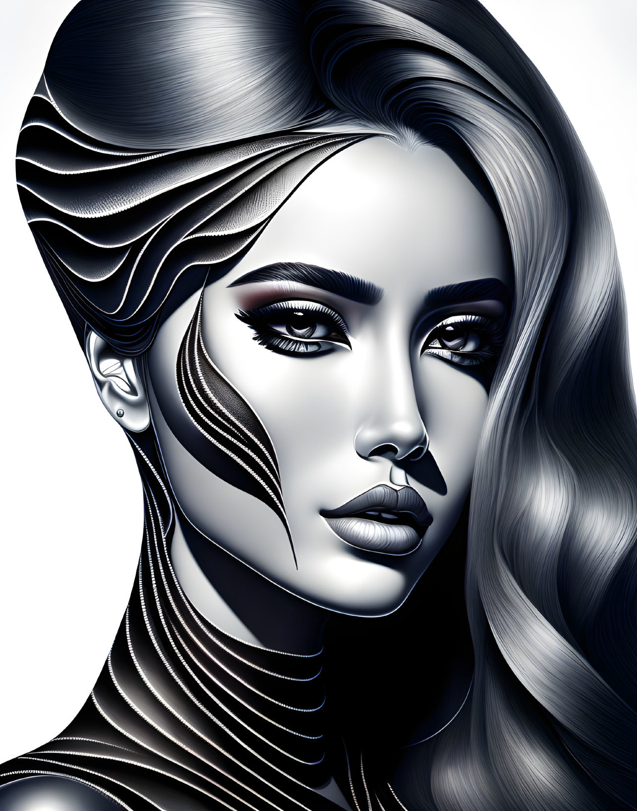 Monochromatic digital artwork: Woman with flowing hair and shadowed facial features.