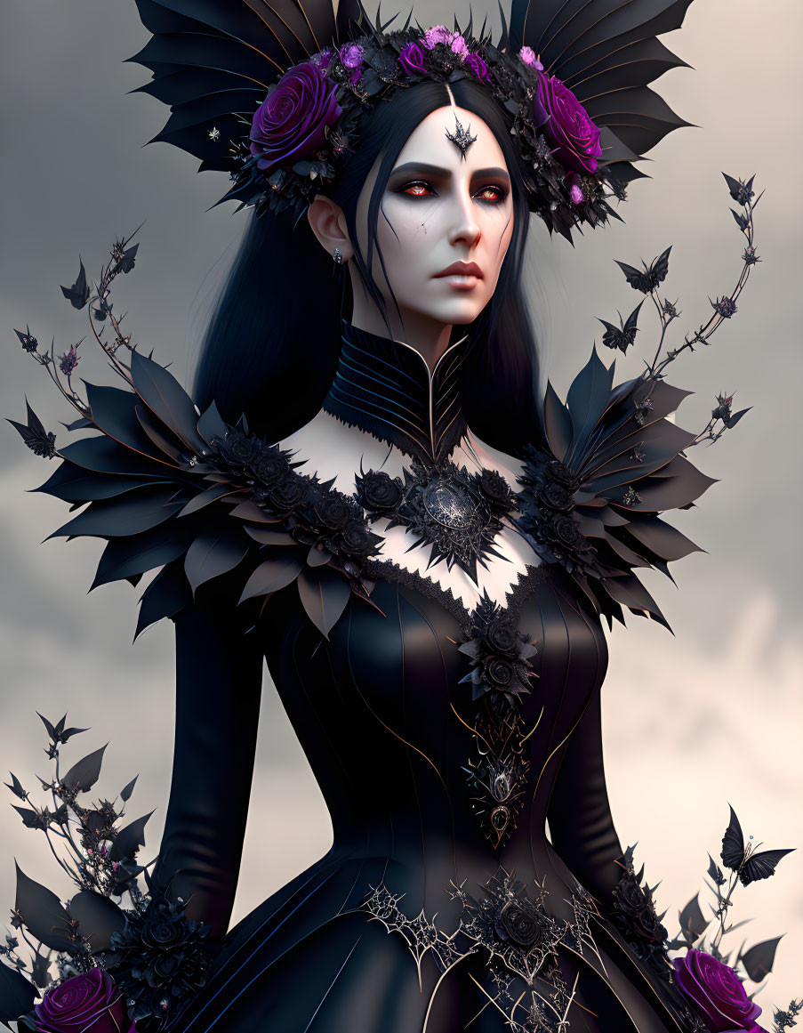 Digital Artwork: Pale-skinned woman in gothic attire with dark roses and thorns