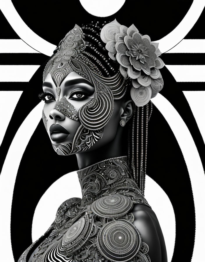 Monochrome digital portrait of woman with intricate patterns on face and body