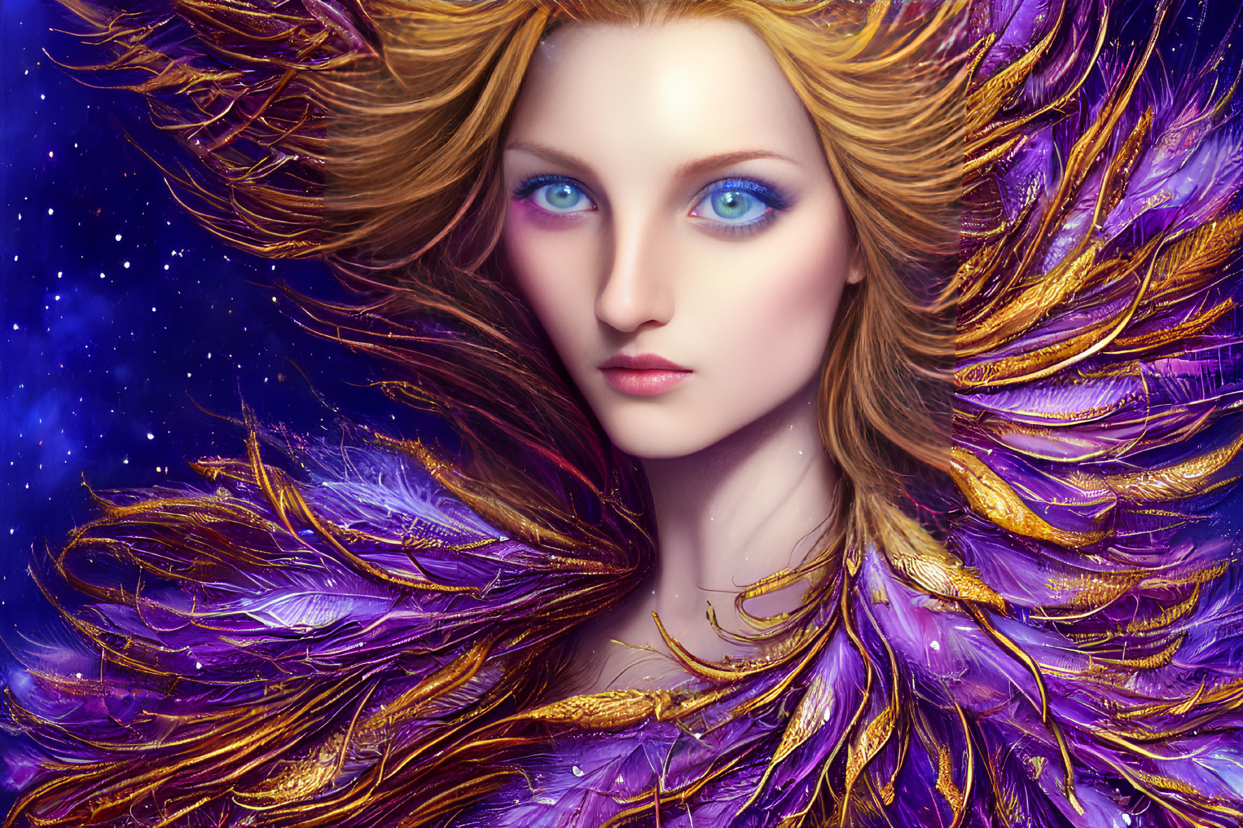 Illustration of woman with golden hair and feather adornments on starry background