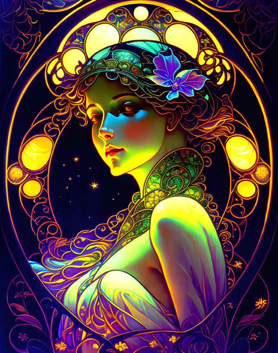 Art Nouveau style woman illustration with vibrant colors and cosmic backdrop