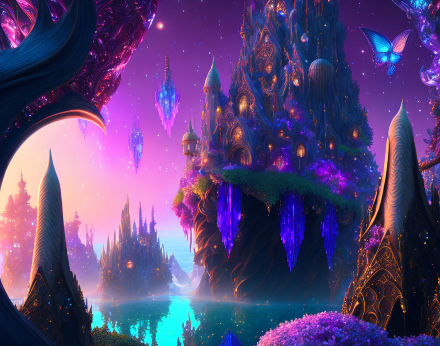 Mystical landscape with vibrant purple hues and fantastical castle