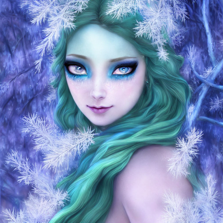 Fantasy character with teal hair, blue eyes, frost, snowflakes