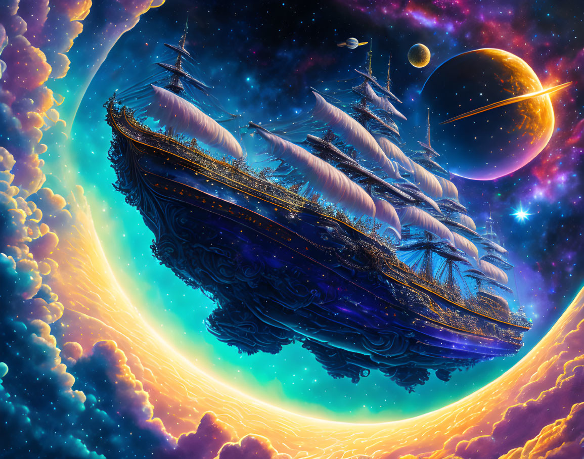 Fantastical sailing ship with feather-like sails in vibrant cosmic scene