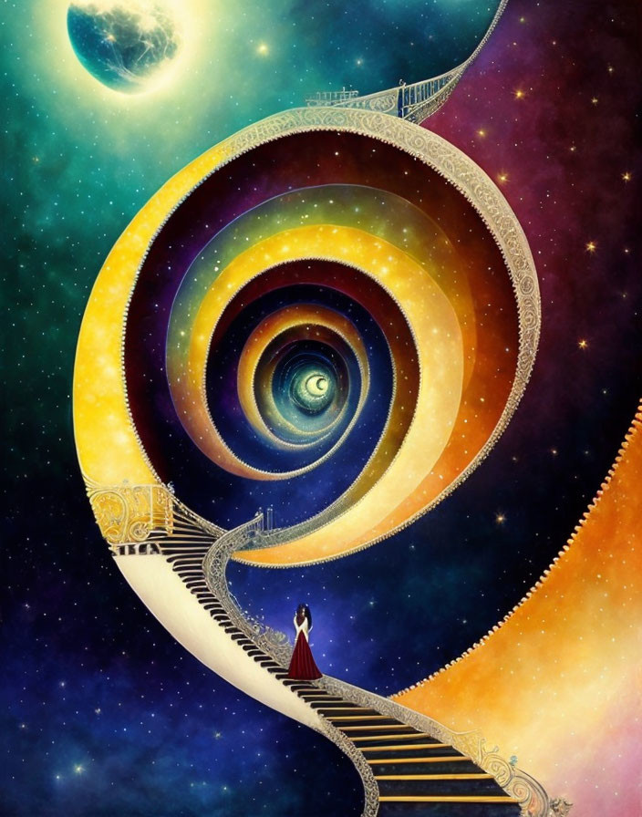 Person on Spiral Staircase Ascending into Cosmic Vortex with Planets and Stars