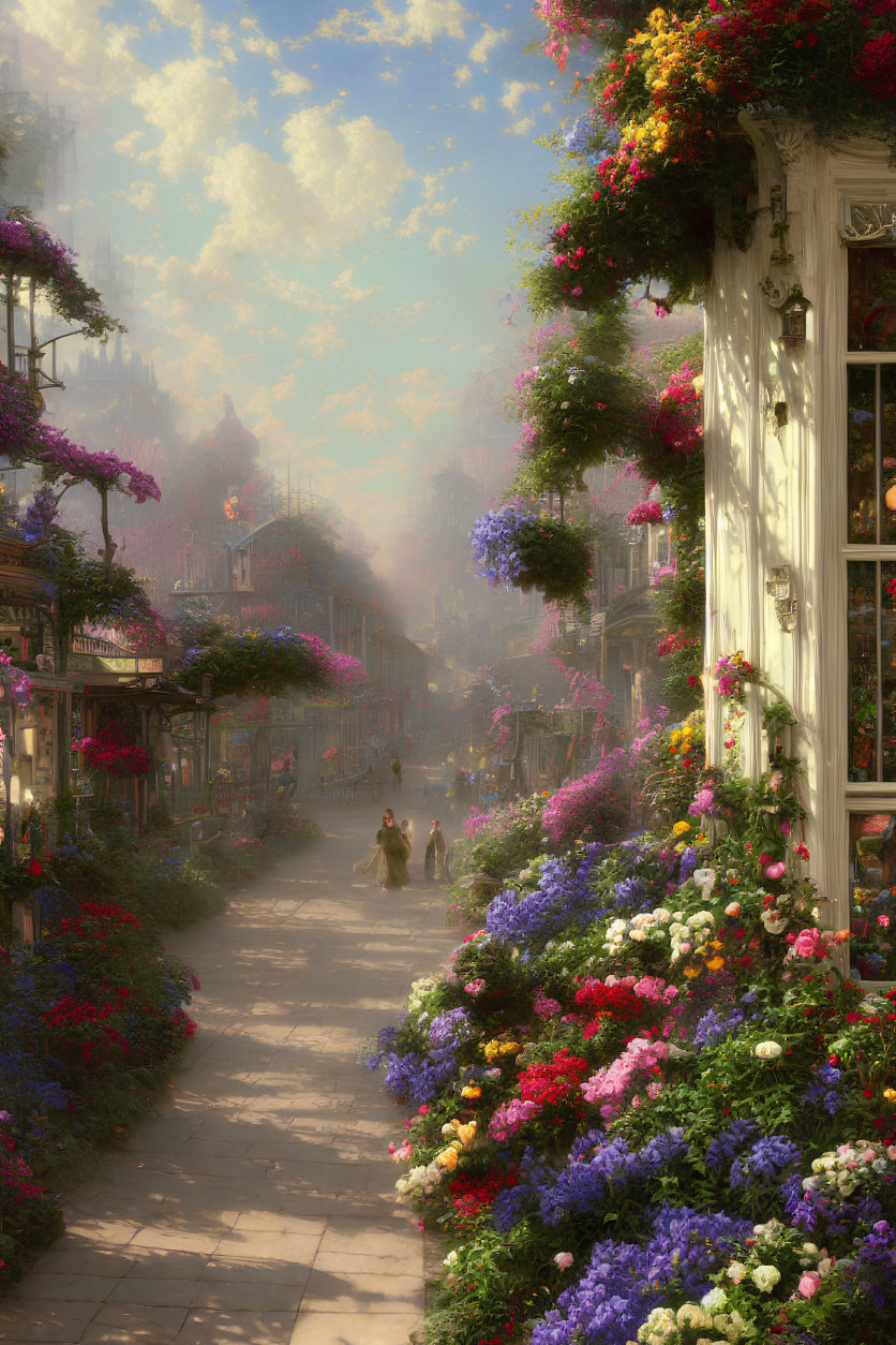 Sunlit cobblestone street with floral displays and vintage buildings under a cloudy sky