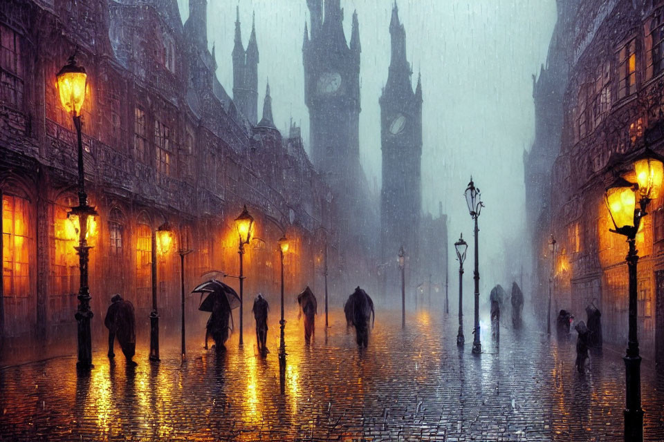 Rainy cobbled street with people holding umbrellas