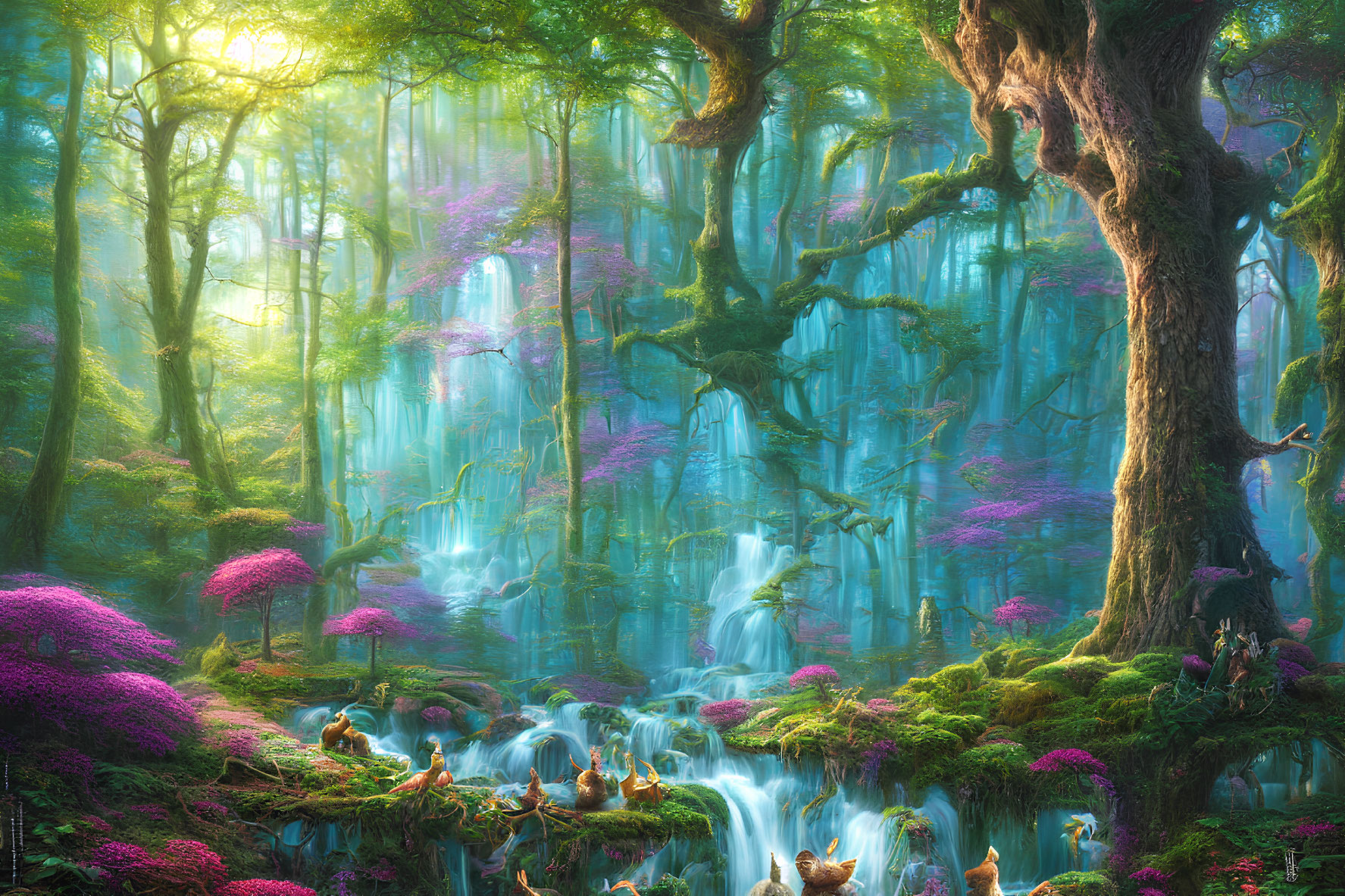 Enchanting forest with towering trees, waterfalls, pink flora, and radiant light beams