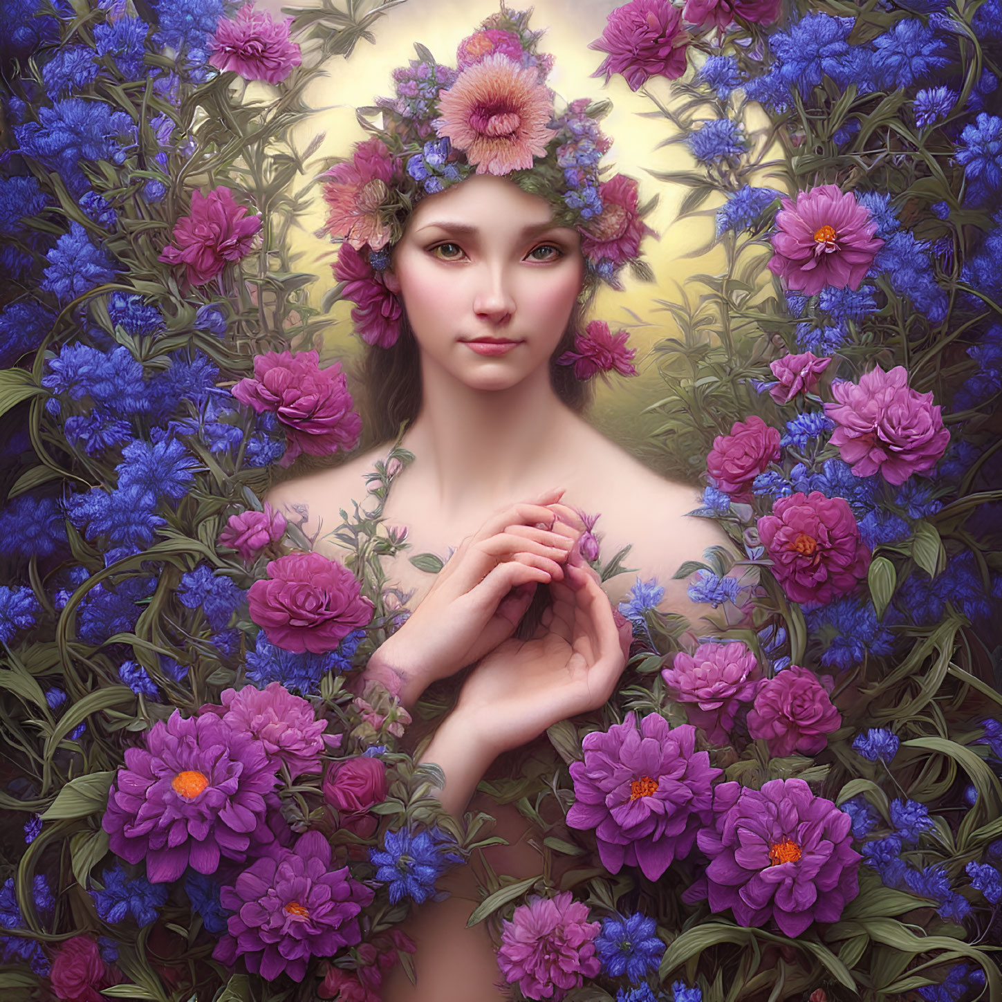 Floral Crown Woman Surrounded by Purple and Blue Flowers