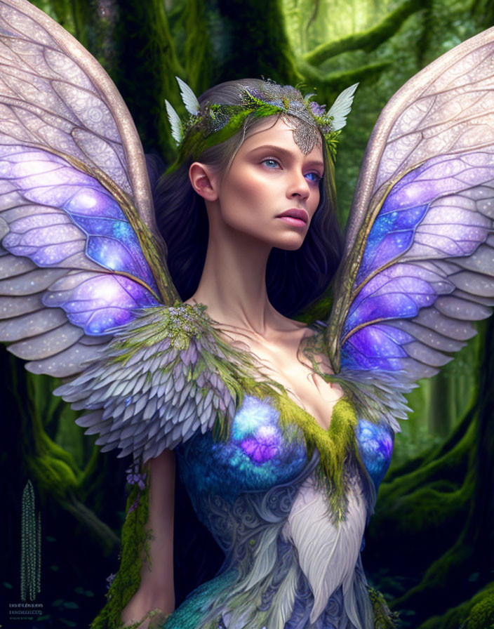 Detailed digital fairy art with translucent wings in lush forest setting