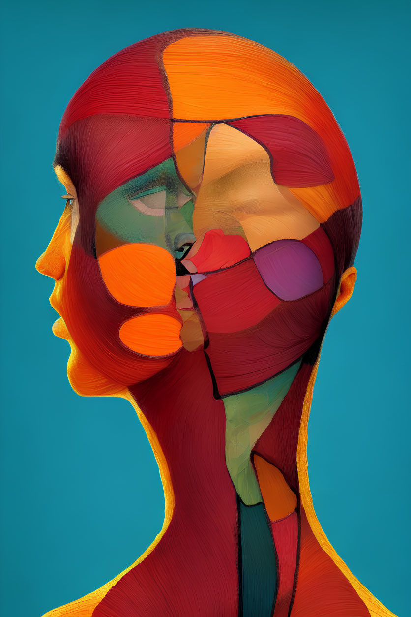 Colorful segmented design on face and neck against teal background