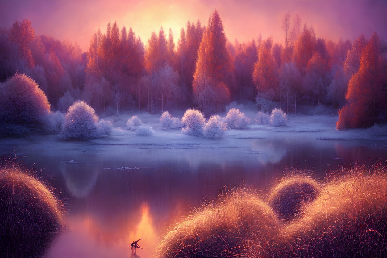 Tranquil autumn sunrise over colorful forest and still lake