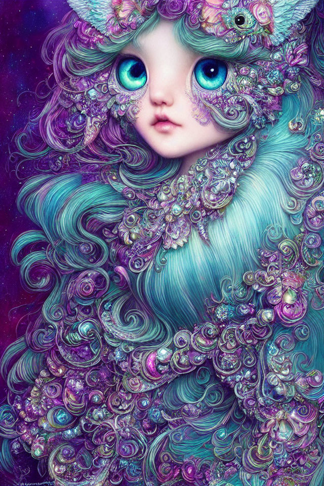 Illustration of character with vivid blue eyes and turquoise hair adorned with purple floral patterns