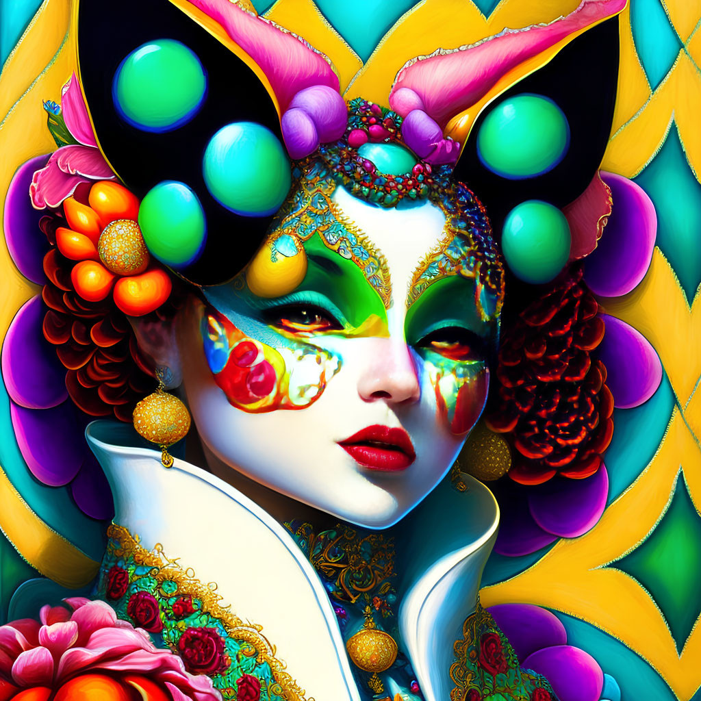 Colorful surreal portrait of a woman with ornate headdress and makeup