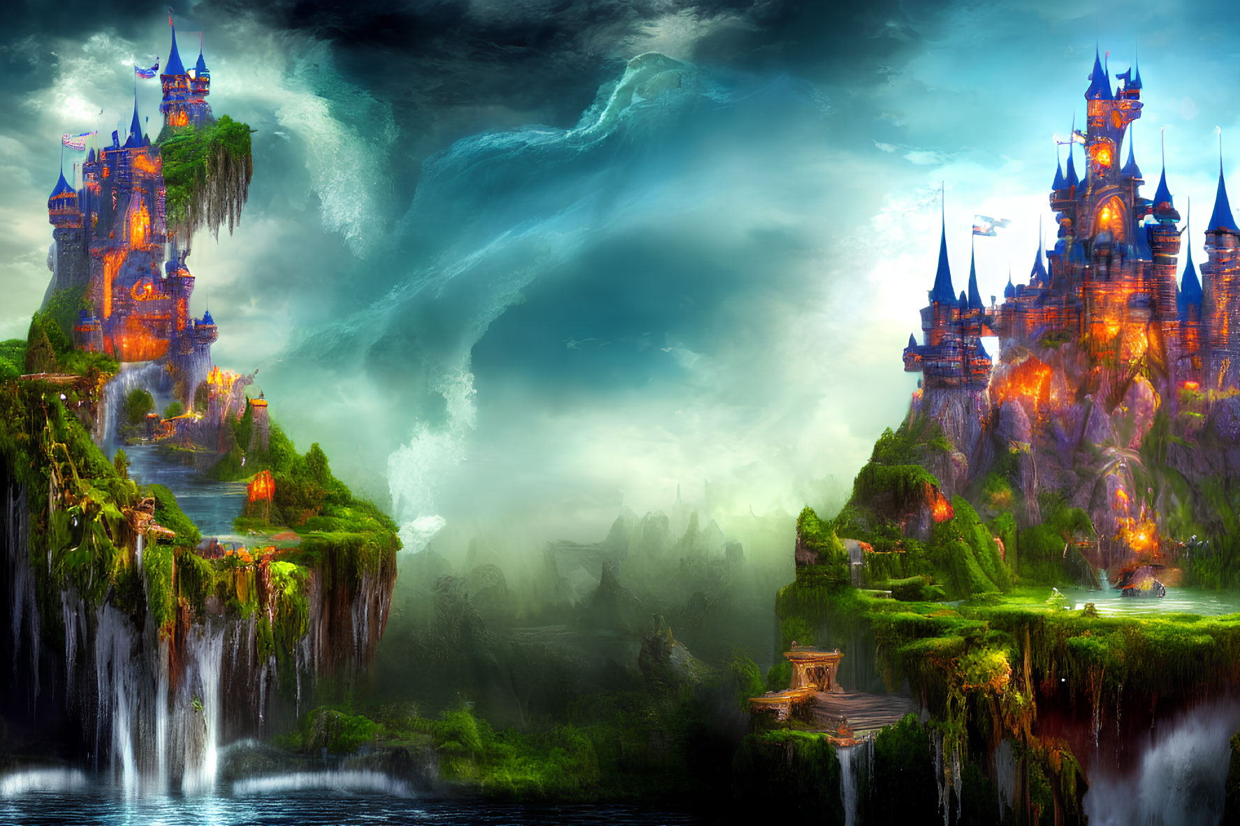 Majestic castles on green cliffs with waterfalls in glowing landscape