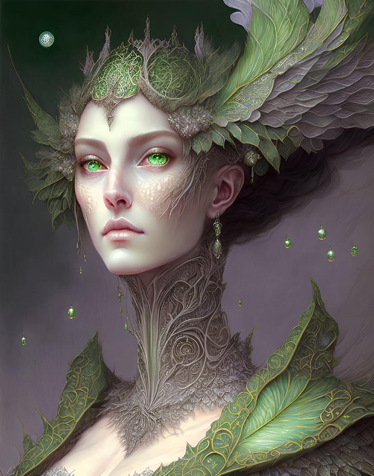 Fantastical portrait of a woman with green eyes, leafy headgear, feathered shoulders,