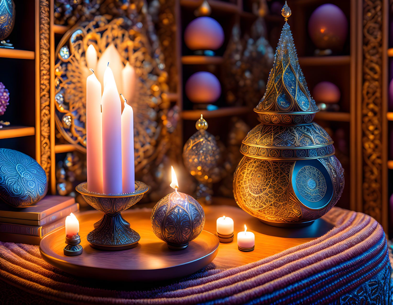 Ornate Setting with Lit Candles, Decorative Spheres, and Metalwork in Warmly