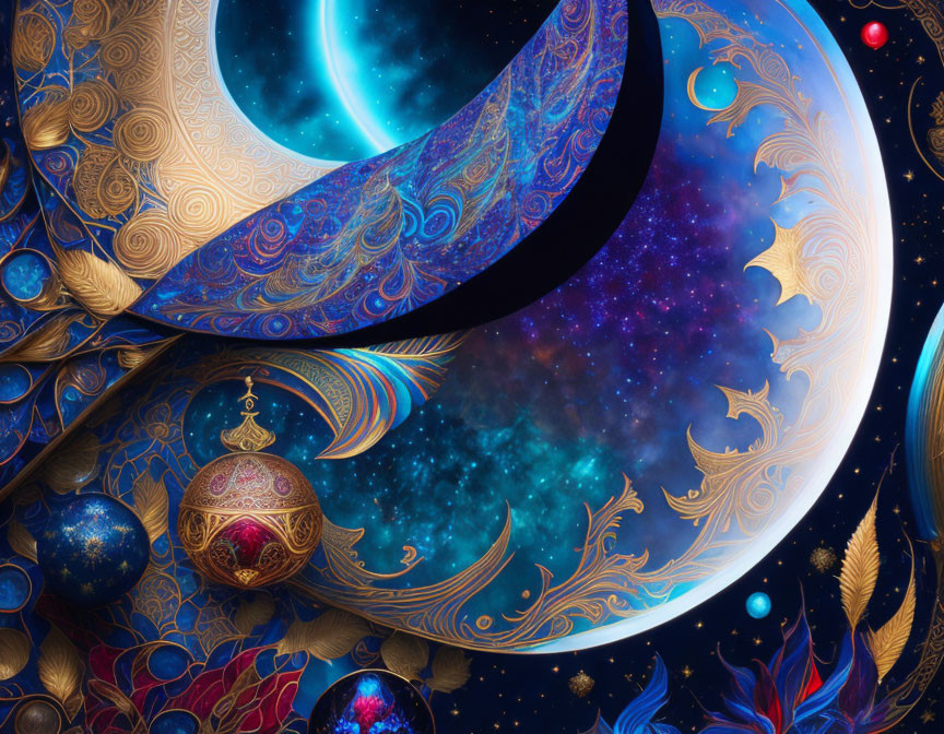 Colorful digital artwork: Celestial bodies and intricate patterns on cosmic backdrop