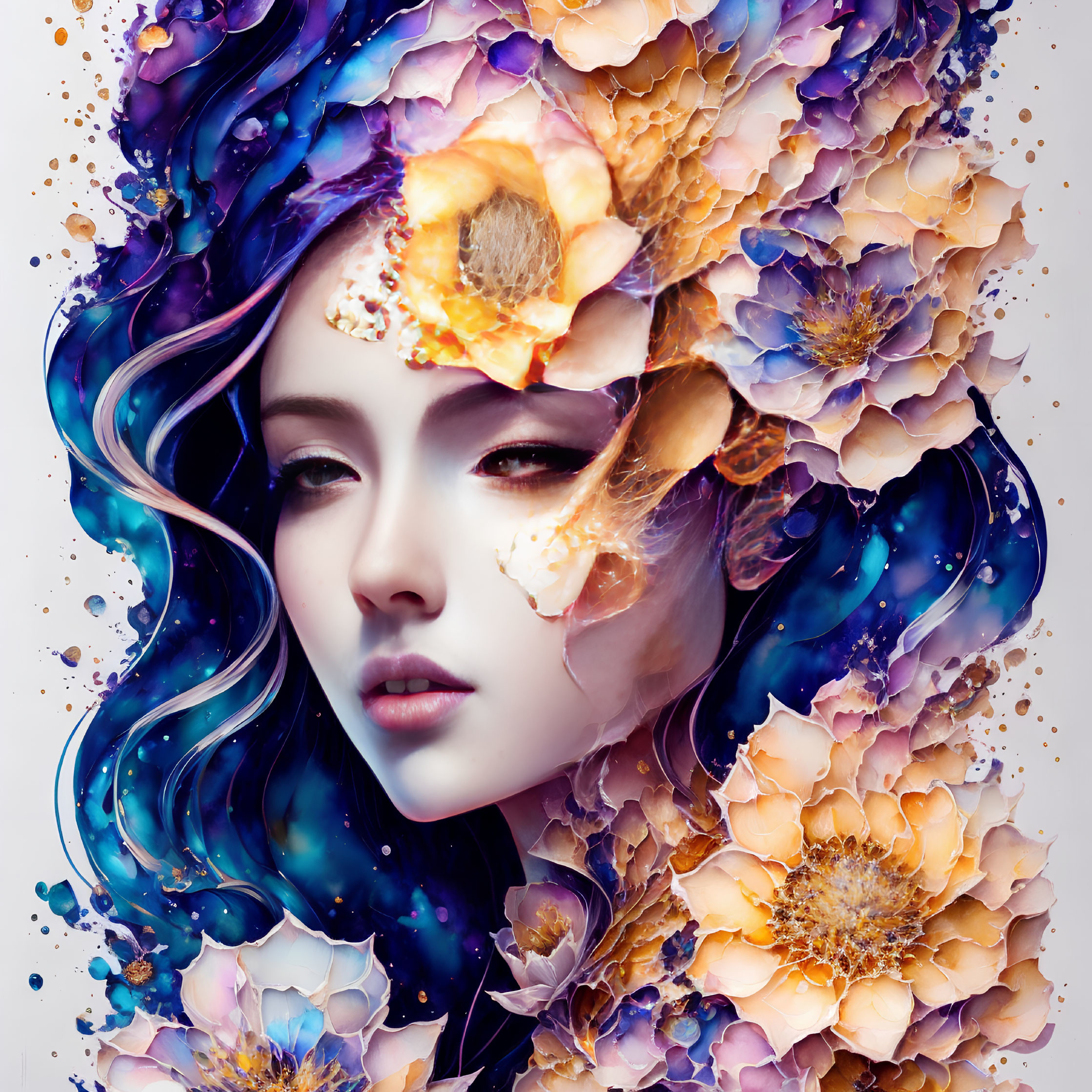 Vibrant blue and purple hair with golden flowers in surreal portrait