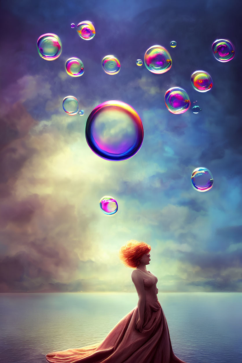 Woman in flowing dress gazes at colorful iridescent bubbles in dreamlike setting