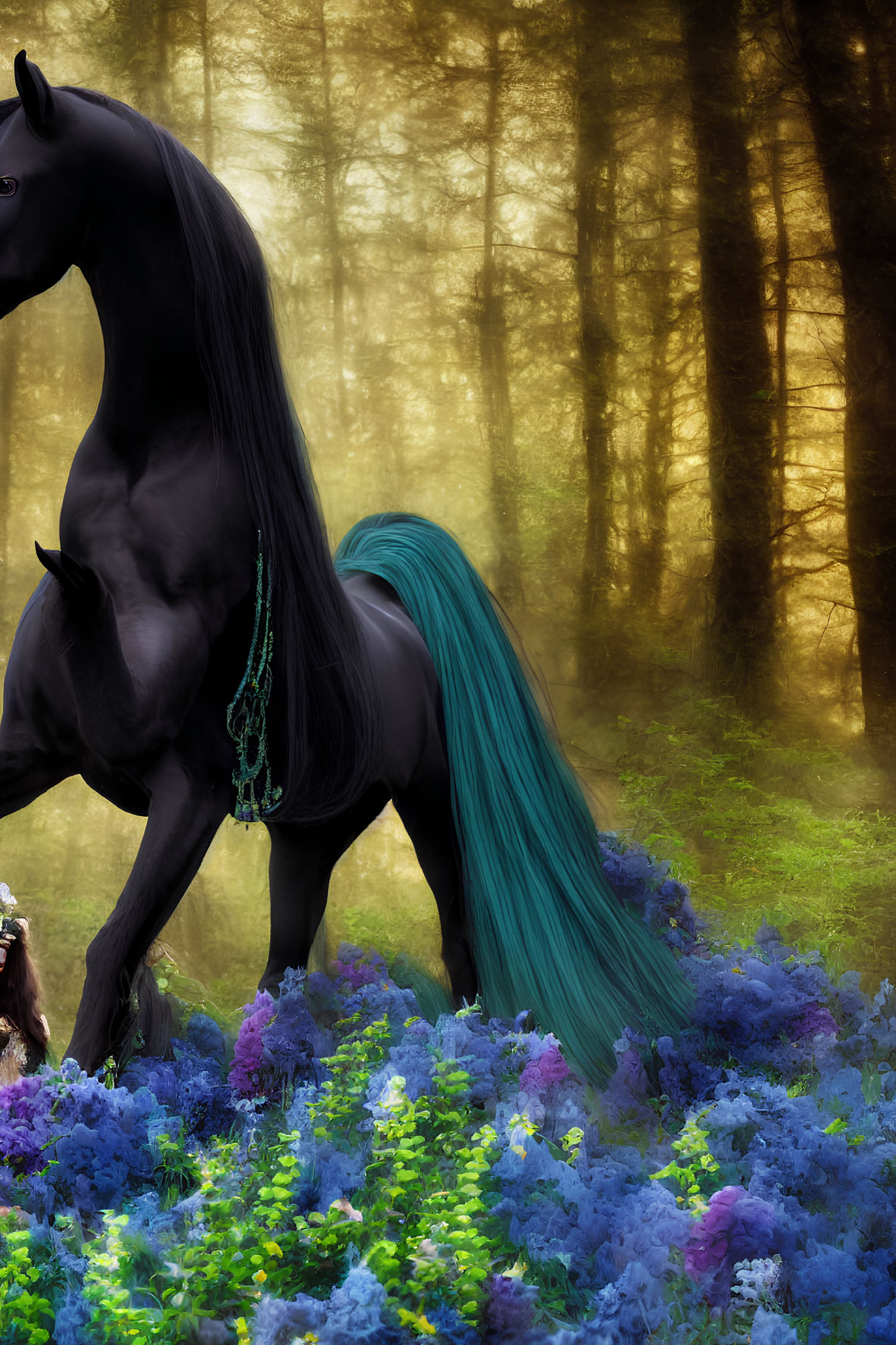 Majestic black horse with teal mane in vibrant floral setting