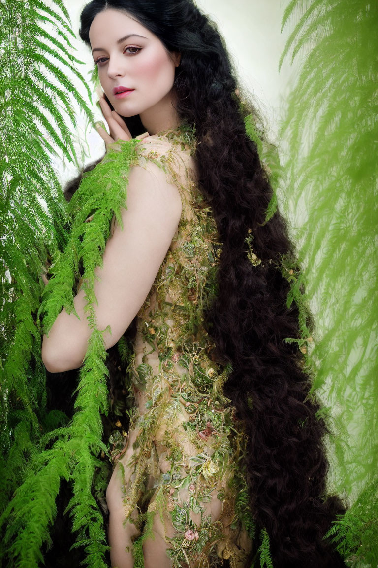 Long-haired woman in green gown among ferns with subtle smile