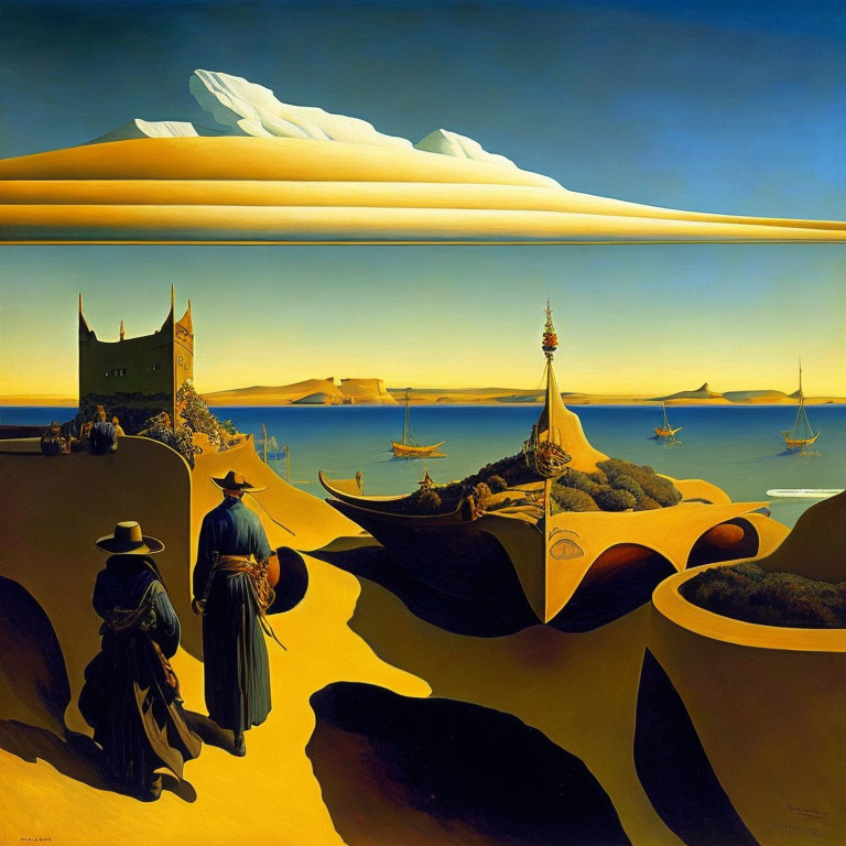 Surrealist desert landscape with figures, towers, boats, and cumulus clouds