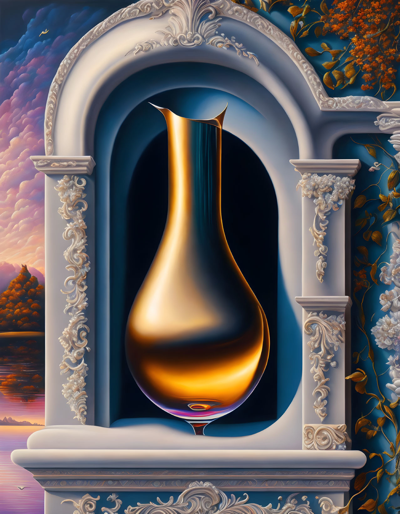 Vivid surreal illustration of gold vase in ornate archway