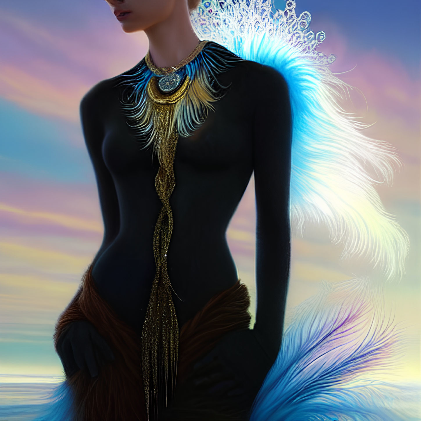 Digital Artwork: Woman with Peacock Design and Sunset Background