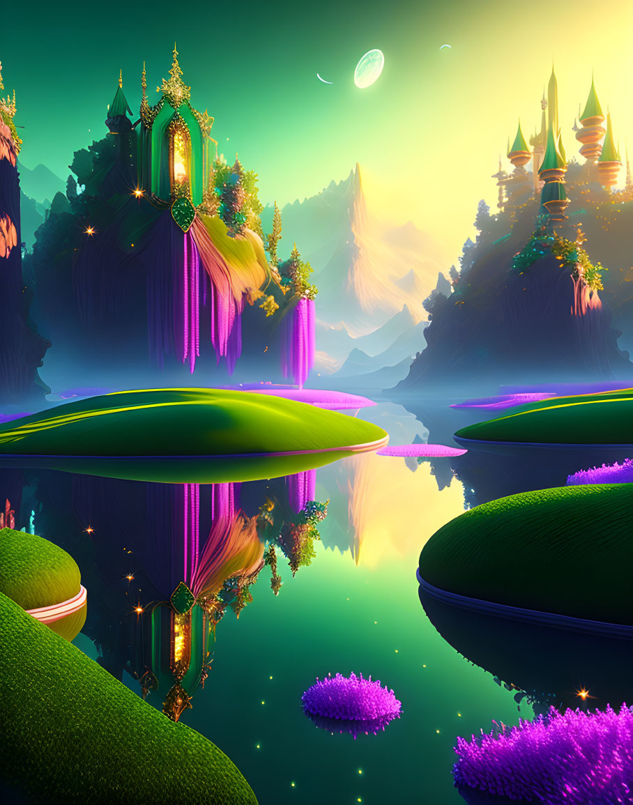 Majestic castles, neon waterfalls, floating islands in fantasy landscape