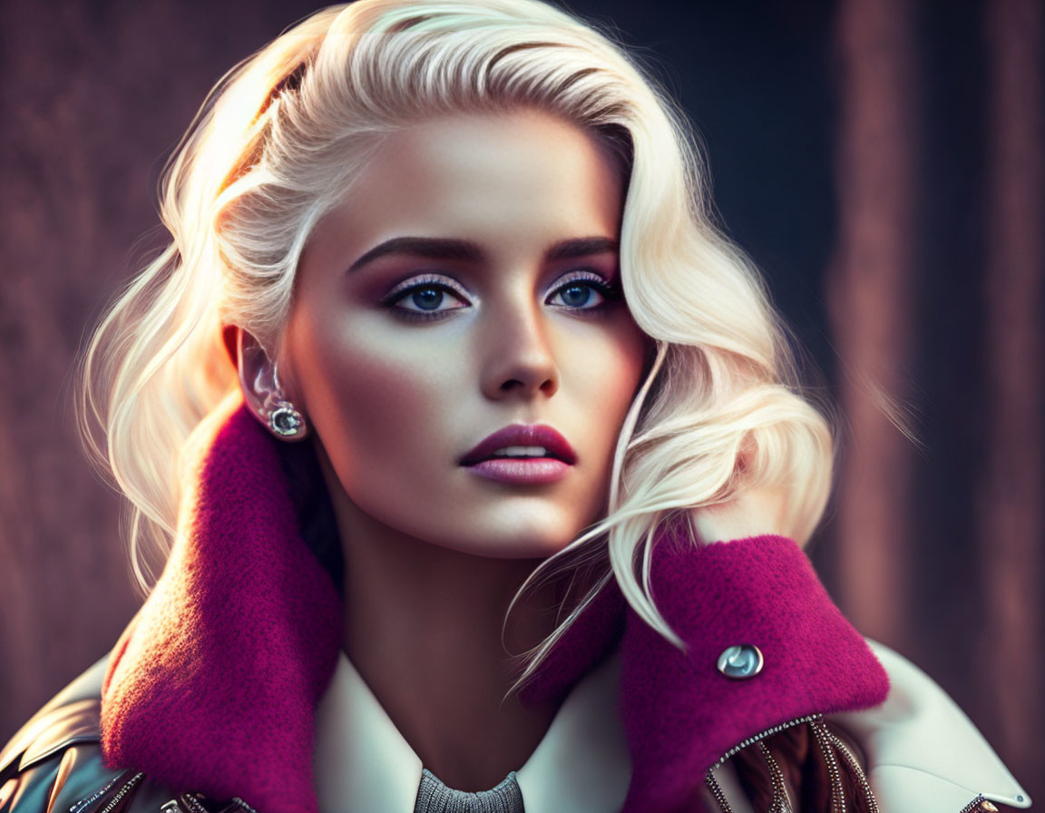 Portrait of Woman with Platinum Blonde Hair and Striking Blue Eyes in Pink Collar Jacket