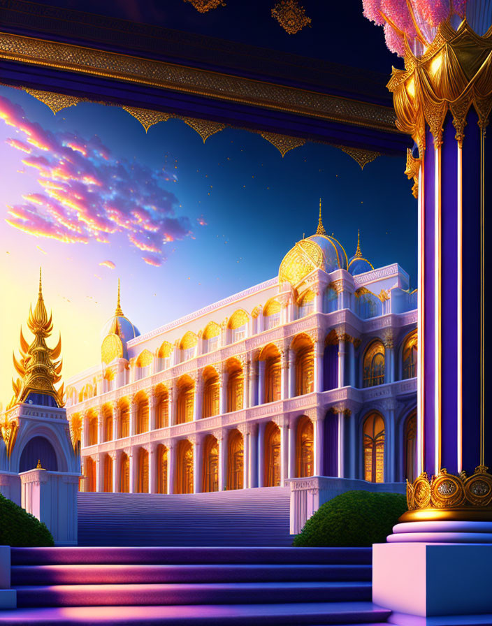 Majestic palace with golden domes and ornate columns at twilight