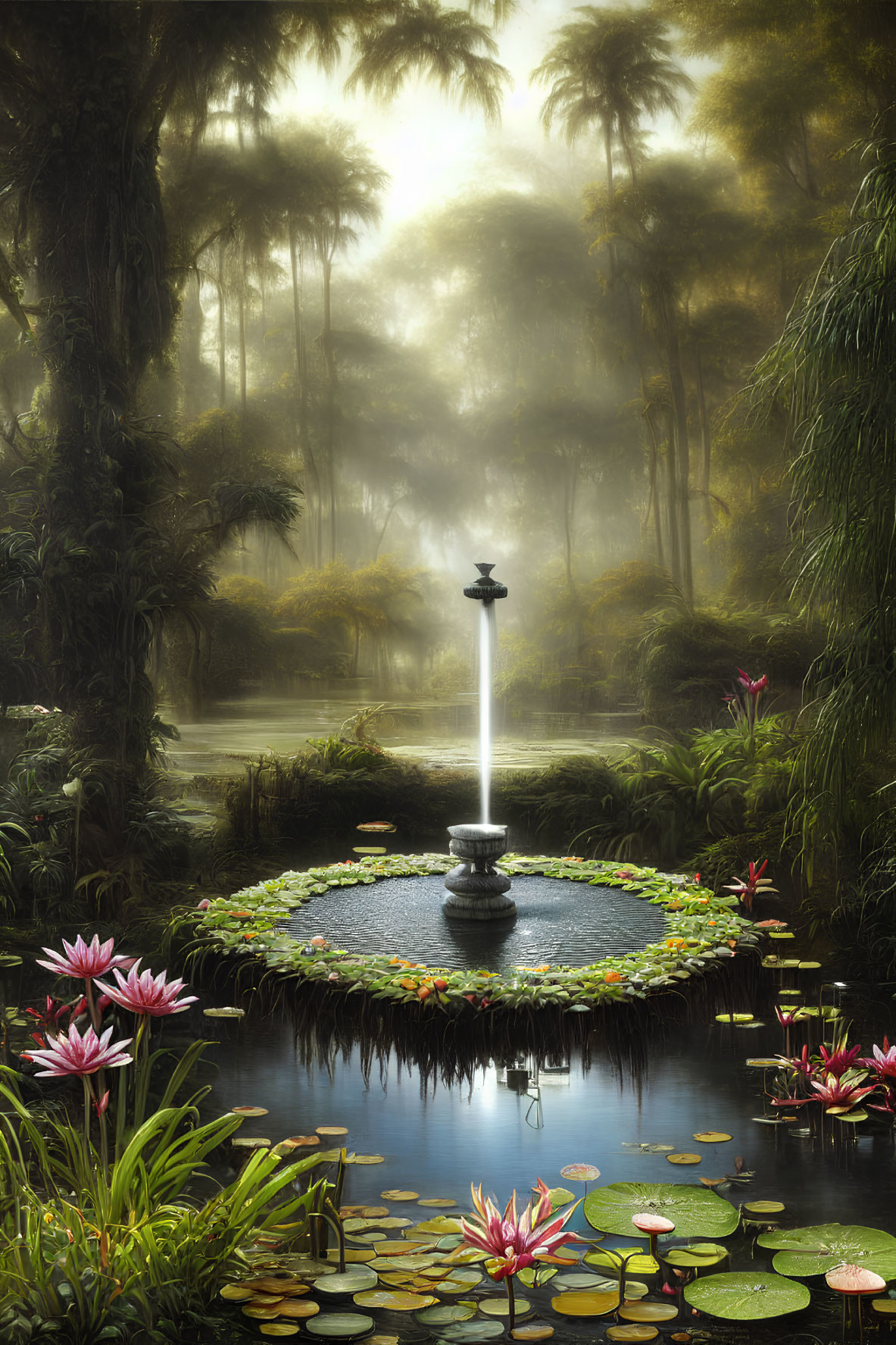 Mystical garden with central fountain and pink water lilies