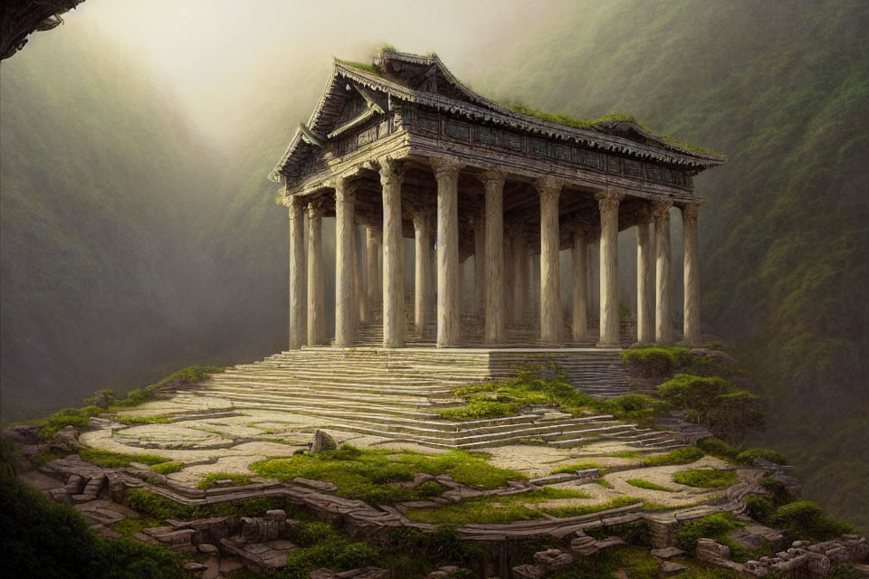 Misty forest scene with ancient temple and classical columns