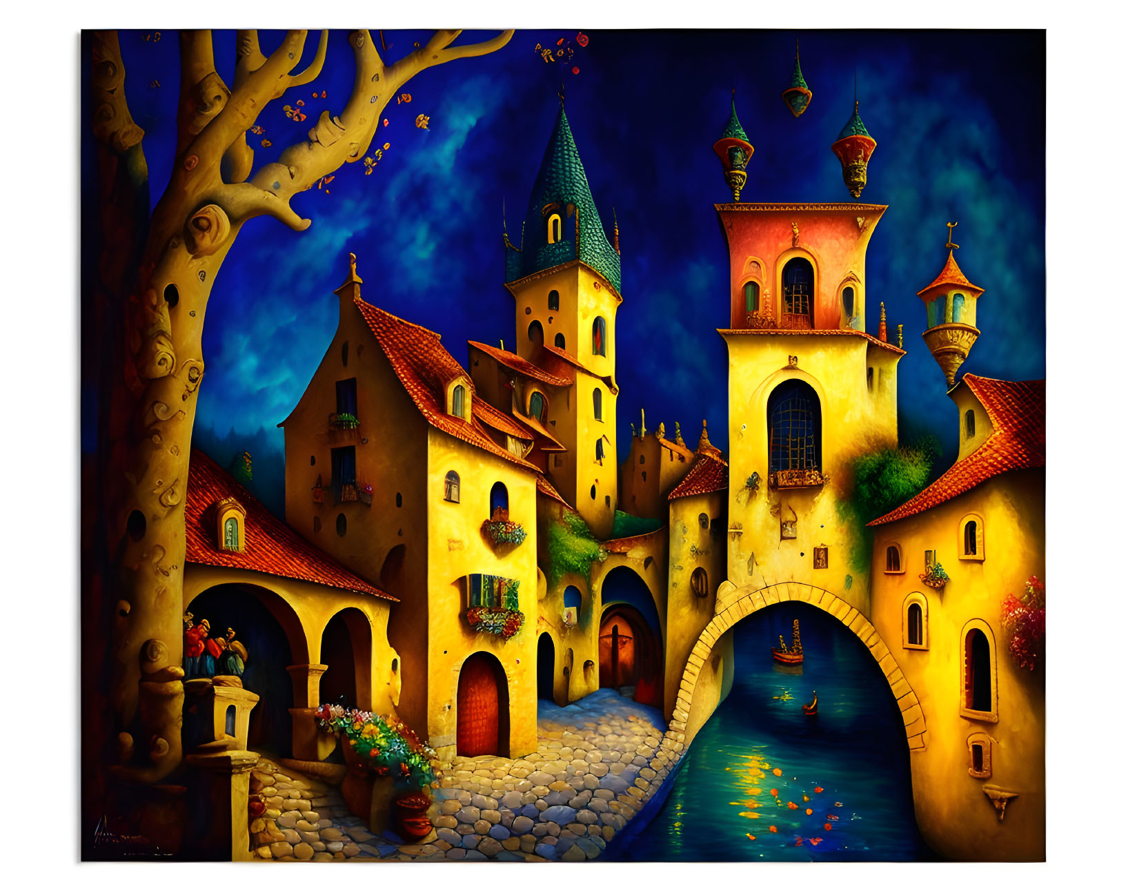 Whimsical fairytale village painting with starry night sky