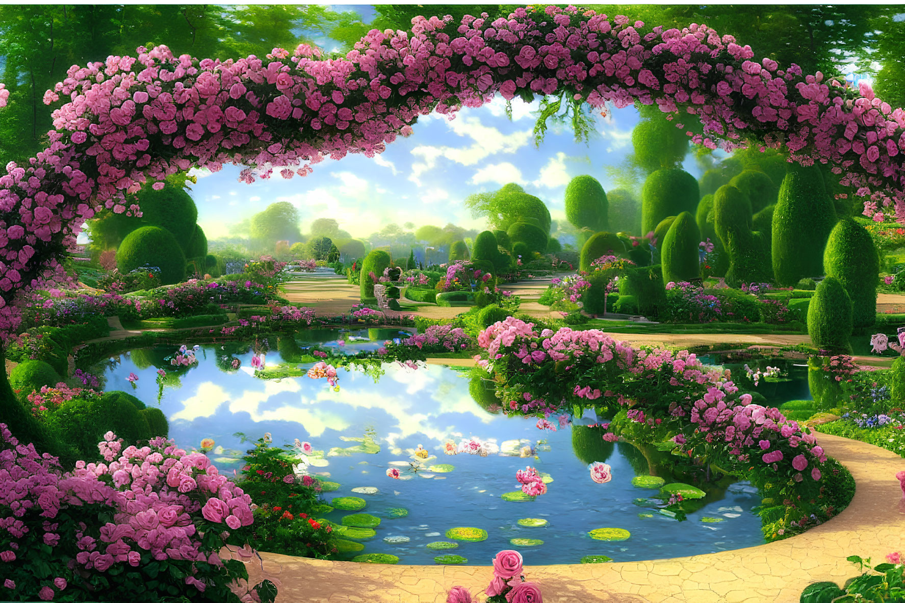 Serene garden with pink rose archway, pond, and clear sky