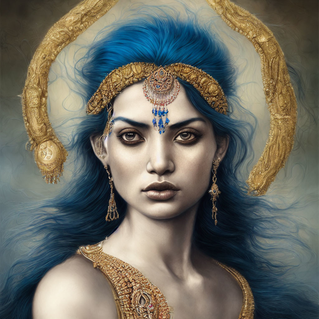 Digital artwork featuring person with blue hair, gold jewelry, and horn-like adornments